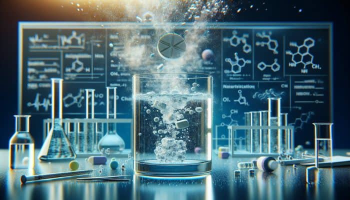 A water purification tablet dissolving in contaminated water, releasing chlorine and iodine to neutralise pathogens.