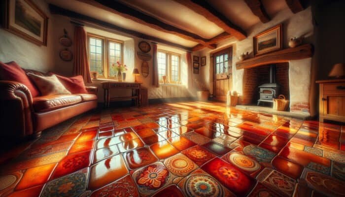 A beautifully polished terracotta floor in a UK cottage, reflecting light and enhancing the warm atmosphere.