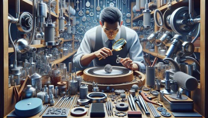 A person examining jewellery with a magnifying glass in a workshop filled with polishing tools and machinery.