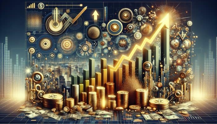 A vibrant financial dashboard displaying investment charts, gold coins, and a rising stock market graph against a city skyline.