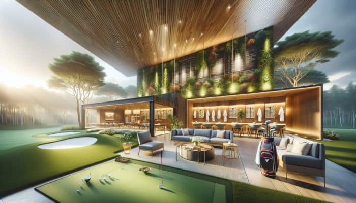 Luxurious golf clubhouse with modern amenities including locker rooms, showers, gourmet dining, surrounded by lush greens and practice range.