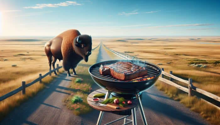 A sizzling bison steak on a BBQ grill amidst North American grasslands under a clear blue sky, highlighting sustainable ranching.