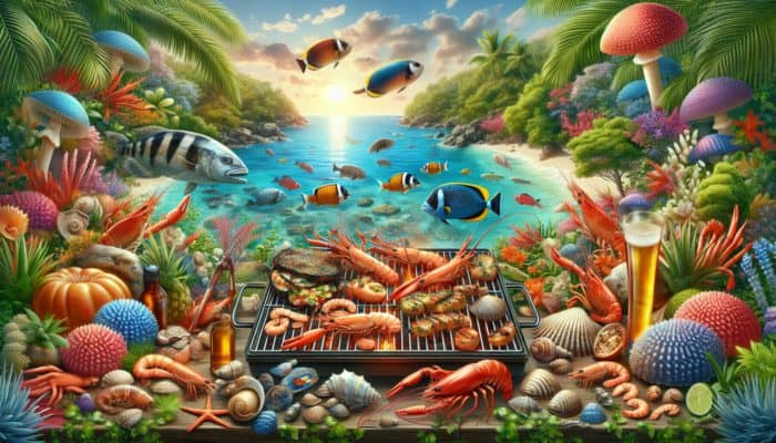 A vibrant BBQ scene with sustainably sourced seafood, grilled, and thriving marine ecosystems in the background.
