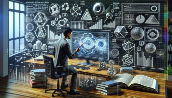 Leverage Original Research for Backlink Attraction: A digital marketer analysing data visualisations on a screen, surrounded by research materials, enhancing SEO credibility.