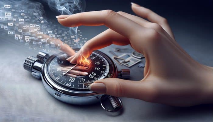 A hand adjusting digital timer settings, stopwatch displaying 10 minutes, with a grilling scene featuring smoke and meat.