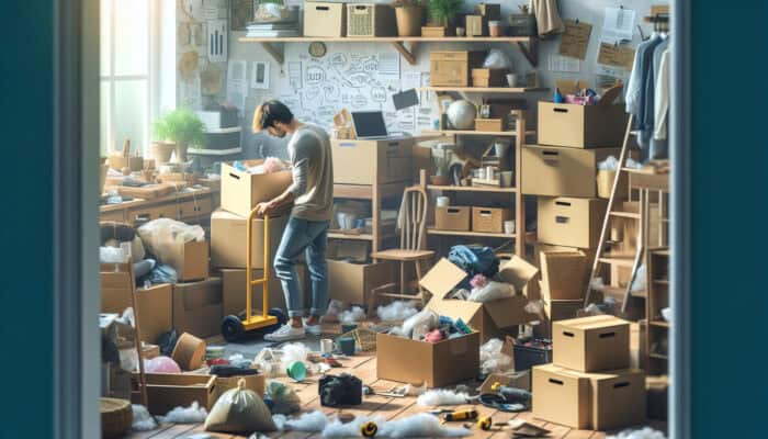 Portsmouth House Clearance: Budget Options: A person sorting household items in a cluttered room using budget-friendly tools for cost-effective home clearance.