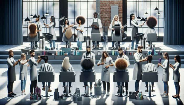 Diverse hairstylists demonstrating care techniques for various hair textures in a modern salon.