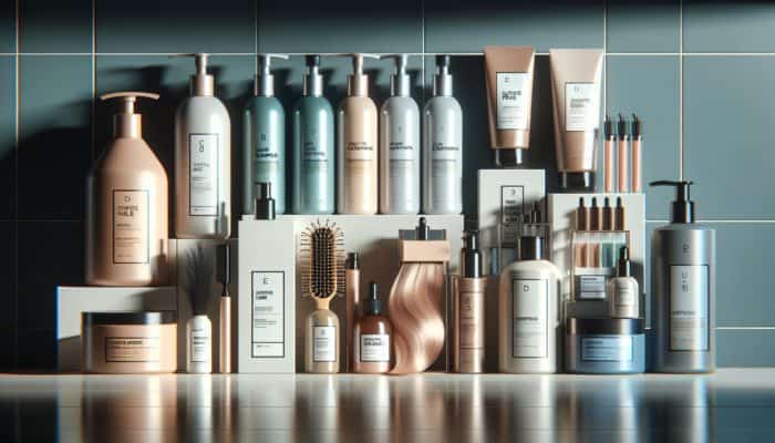 A range of hair care products on a shelf, enhancing colour-treated hair's shine and health.