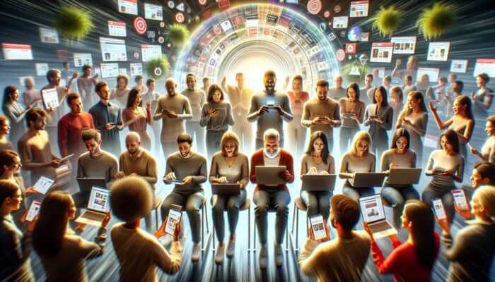 Harnessing Customer Stories for E-Commerce SEO: A diverse group of satisfied customers sharing shopping experiences on an e-commerce site, enhancing SEO.