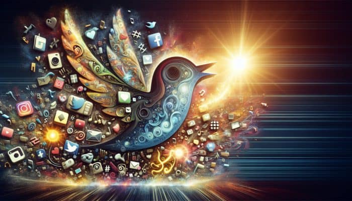 A vibrant collage of social media icons and illuminated '#' symbols symbolising hashtag trends.