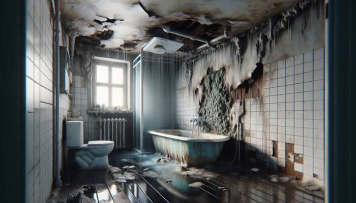 Shower Repair Services in Abbotsford: A dilapidated bathroom showing extensive water damage and mould from a neglected leaking shower.
