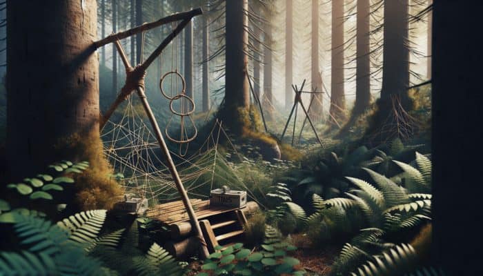A wilderness scene showcasing various DIY survival traps, including twine snares and gravity-powered deadfall traps, set amidst trees and underbrush.