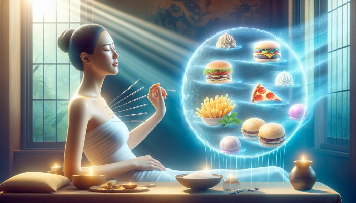 A serene person receiving acupuncture with a calming aura, fading food images, and uplifting light.