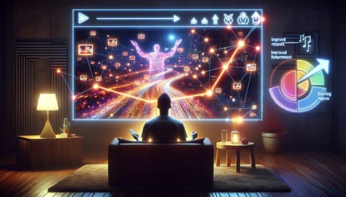 A viewer engrossed with a playlist on a screen, graphs indicating increased retention, in a cosy room.