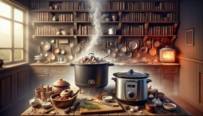 A cosy kitchen with a slow-cooker and Dutch oven simmering tender meat, enhancing stew flavors with herbs and spices.