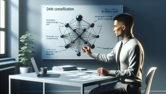 Tips for Faster Debt Consolidation Payoff: UK Strategies | DCL Financial advisor explaining a debt consolidation plan to an interested client at his desk, with financial graphs.