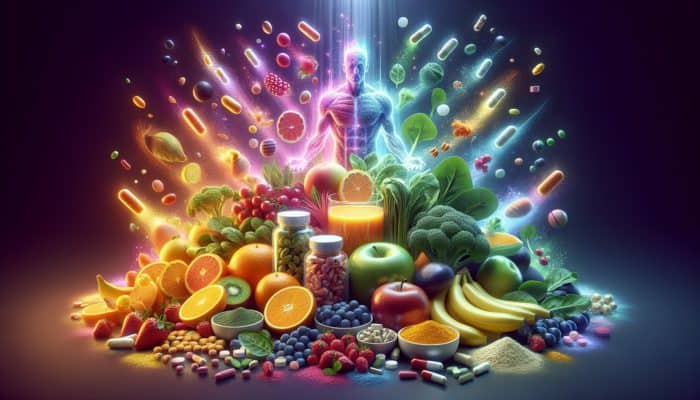 A vibrant display of fruits, vegetables, and supplements representing essential micronutrients for muscle recovery.
