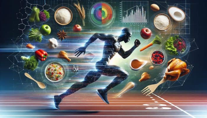Usain Bolt sprinting with images of rice, chicken, and vegetables, demonstrating diet's impact on performance.