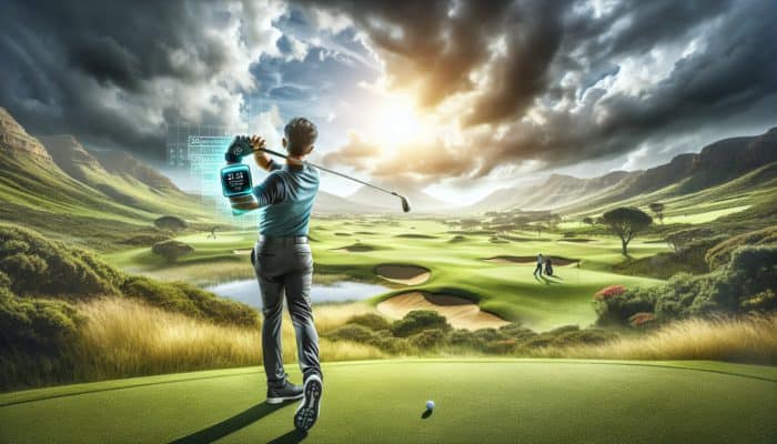 Golf Performance Tracker in Action: Golfer Using High-Tech Device on South African Course for Swing and Trajectory Analysis.
