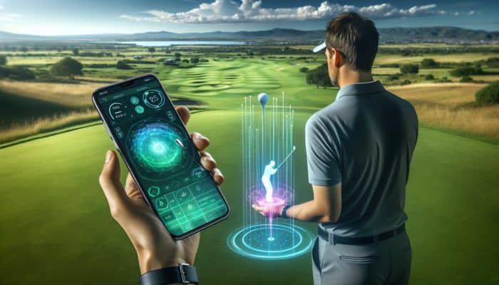 A Golfer Evaluating a Budget App on a Smartphone Compared to a Mid-Range GPS Tracker on a Green Course