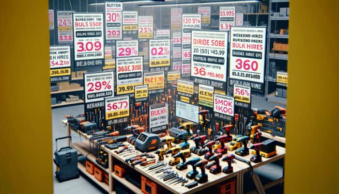 Tool Rental Discounts for House Clearance: A vibrant display of power tools on a workbench featuring discount tags and promotional banners inside a busy tool rental store.