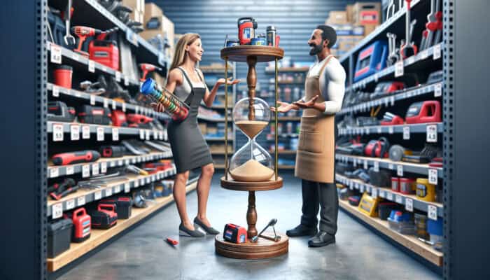 A person negotiating tool rental discounts in a hardware store, surrounded by various tools, with a calendar and price comparison chart visible.