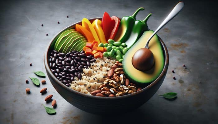 A colourful bowl with brown rice, black beans, bell peppers, avocado, and nuts, illustrating a balanced and nutrient-rich meal.