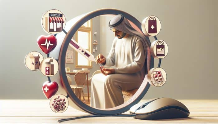 Person using at-home cholesterol kit, collecting blood sample, with online and pharmacy purchase options.