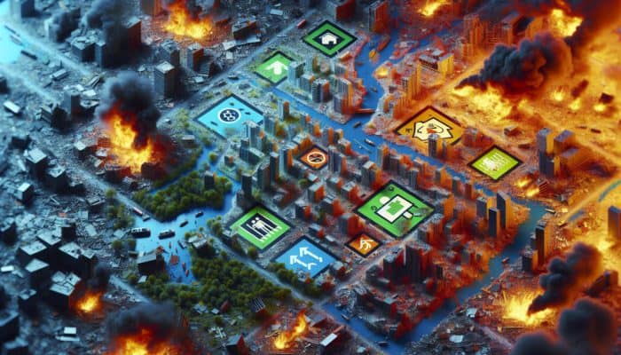 A map displaying primary, secondary, and tertiary impact zones with colour-coded damage levels, showing damaged buildings, fires, debris, and safe evacuation routes in green.