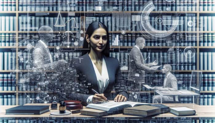 A legal advisor guiding clients through dispute settlement in a modern office with contracts and law books.