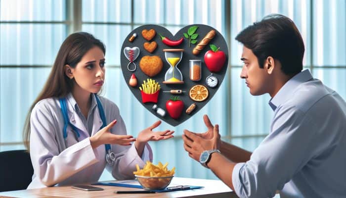 A doctor in Bracknell explaining cholesterol test results to a patient using graphs and charts.
