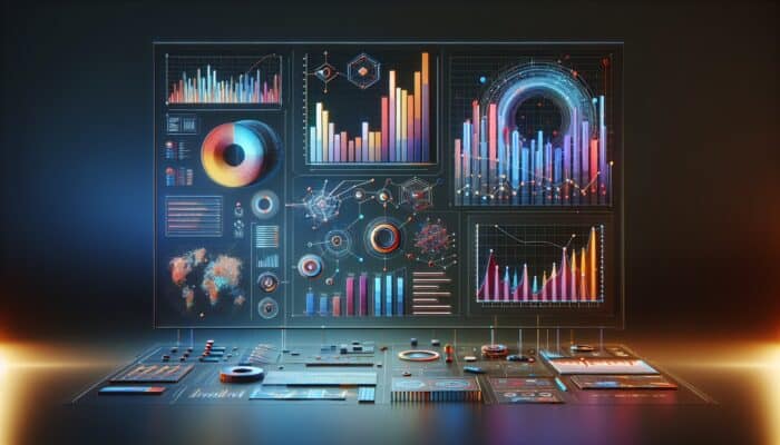 Infographic showcasing bar charts, line graphs, and heat maps in vibrant colours for data storytelling.