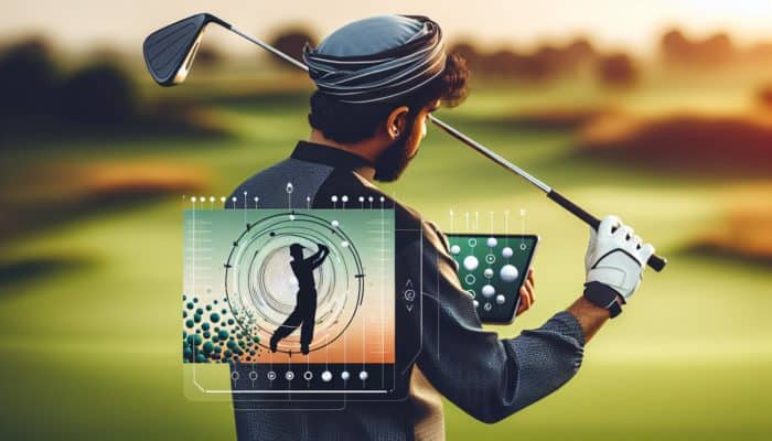 A beginner golfer using a tablet to watch instructional videos with overlaid technique diagrams on a green course.