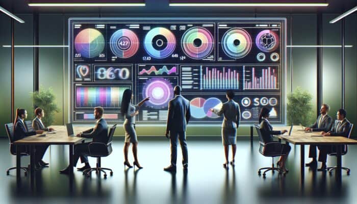 A digital screen showcasing video SEO tools with experts discussing in a modern office with graphs.