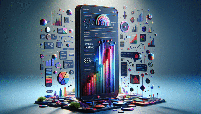 A smartphone displaying an optimised website featuring title tags, alongside graphs illustrating mobile traffic and SEO performance.