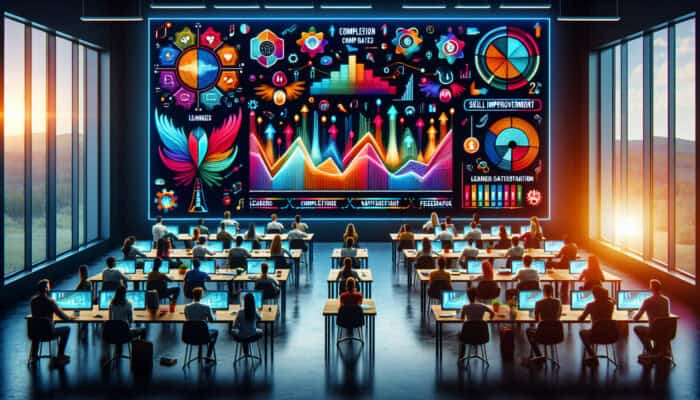 Infographic showing completion rates, skill improvement, and learner satisfaction metrics in a modern training setting.