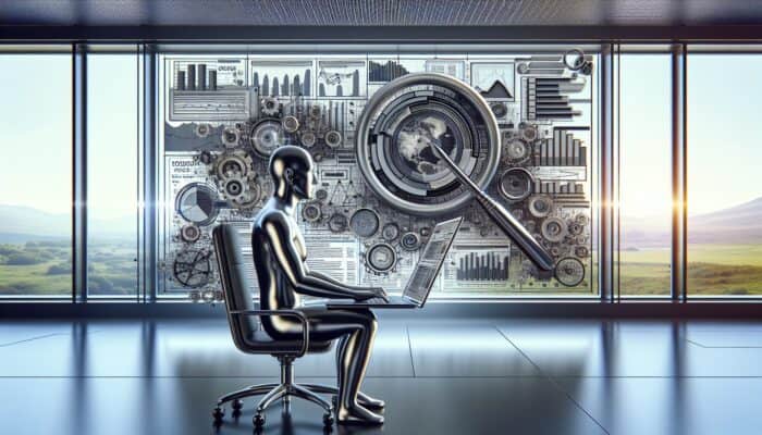 Person optimizing video transcript on laptop with SEO keywords and graphs in modern office.