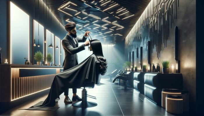 Hairstylist cutting textured, choppy layers into dark hair in a modern salon.