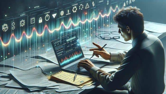 Person setting up credit monitoring on laptop with documents, checklist, and alert notifications for new accounts and credit score changes.