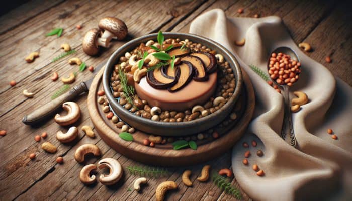 Vegan foie gras with shiitake, portobello, cashews, and lentils on a rustic table with herbs.