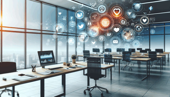 A vibrant digital workspace in Kingswood featuring social media icons, charts, and graphs, symbolising expert management.