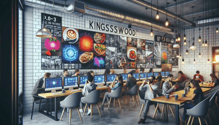 A bustling Kingswood café featuring social media graphics, customers photographing meals, and screens showcasing online engagement.