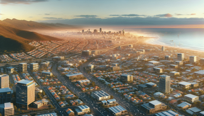 Aerial view of Cape Town at sunset showing diverse neighbourhoods, amenities, and economic development.