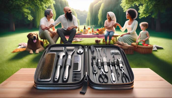 Portable Grooming Kits for Pets: Sleek portable pet grooming kit with tools, family enjoying a picnic in a lush park.