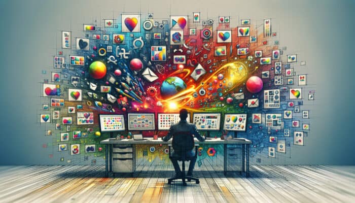 A vibrant digital workspace with a designer using graphic design software on multiple screens to create colourful vectors, logos, and marketing materials.