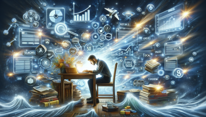 Focused owner in a bustling Nailsworth e-commerce shop analyses keywords on a laptop, surrounded by graphs of rising traffic and converting customers.