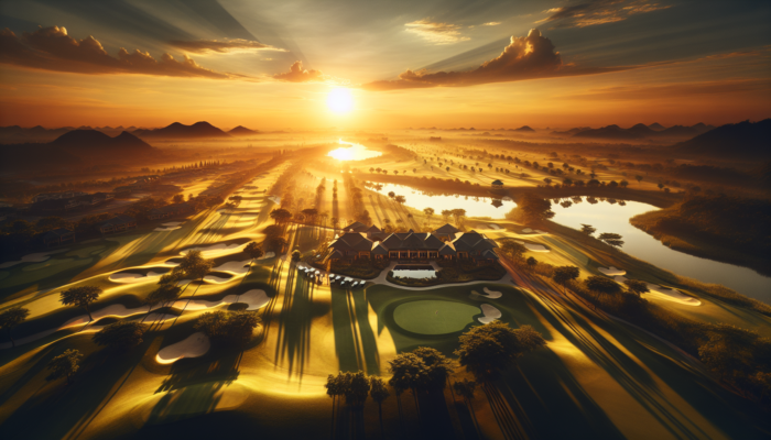 Aerial view of Richards Bay Country Club at sunset with golf courses, clubhouses, and water features.
