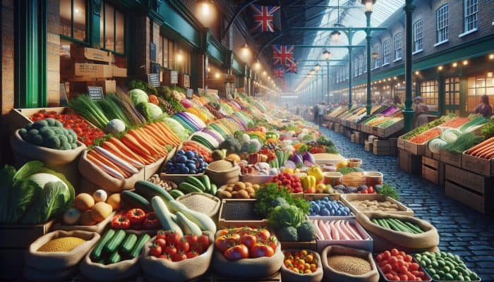 How to Lower Liver Enzymes Naturally?: A vibrant UK farmers' market displaying fresh seasonal vegetables, whole grains, and lean proteins on wooden stalls, juxtaposed with enticing processed foods in the background.