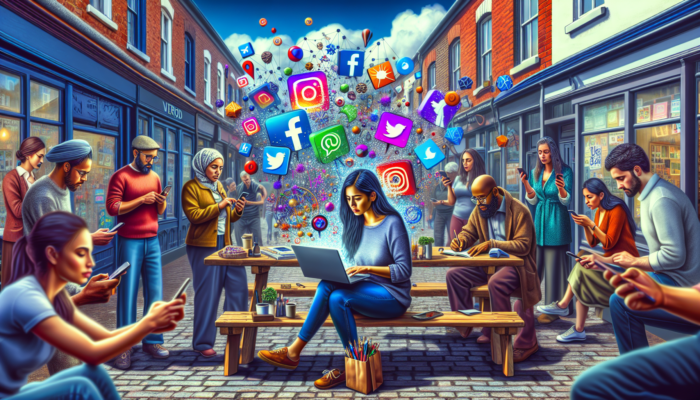 Social Media Management in Verwood for Small Businesses: Lively Verwood street scene: small business owner on laptop with floating Facebook, Instagram, and Twitter icons, locals engaging on phones.