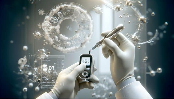 Illustration of a medical professional drawing blood from a patient's finger with a lancet, as a glucose meter displays rising numbers in a bright lab.